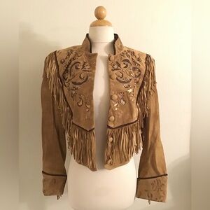Vintage Chic Tan Suede Jacket with Fringe and Embroidery